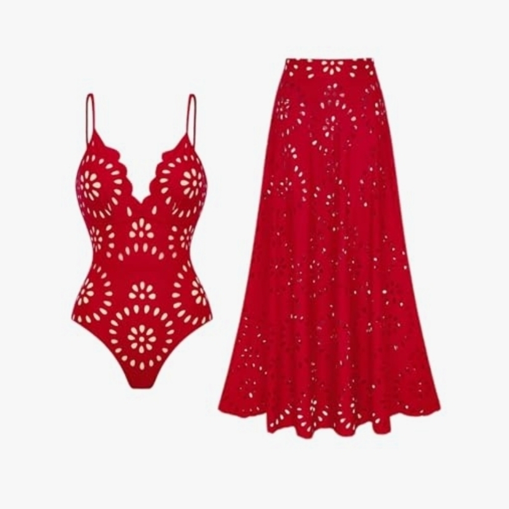 NWOT Red Cutout Swimsuit and Skirt Set